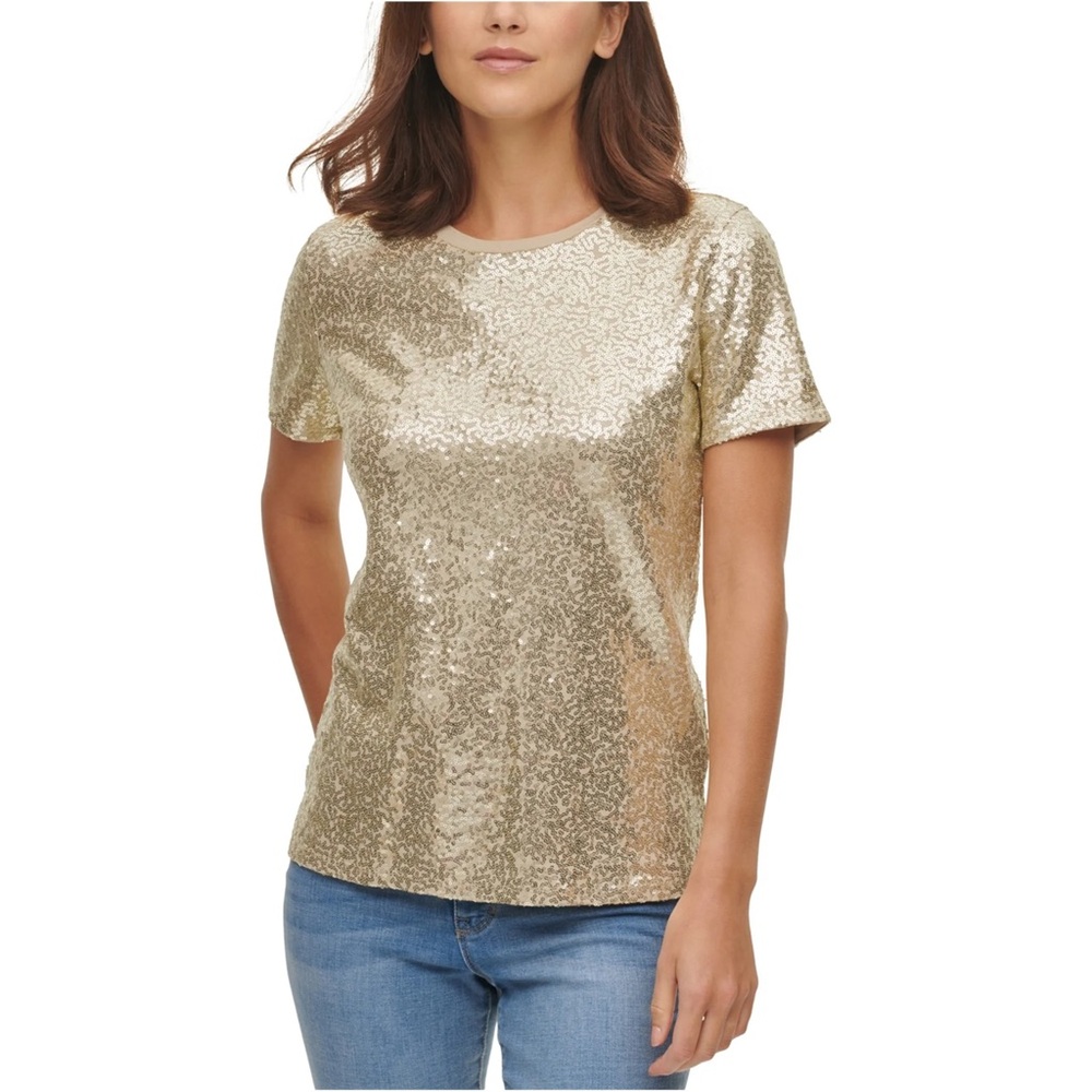 Dkny Gold Sequin Short-Sleeve Top
